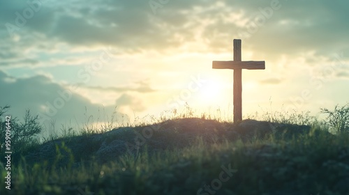 Mountain summit with a burning cross and 'Jesus' text in flames