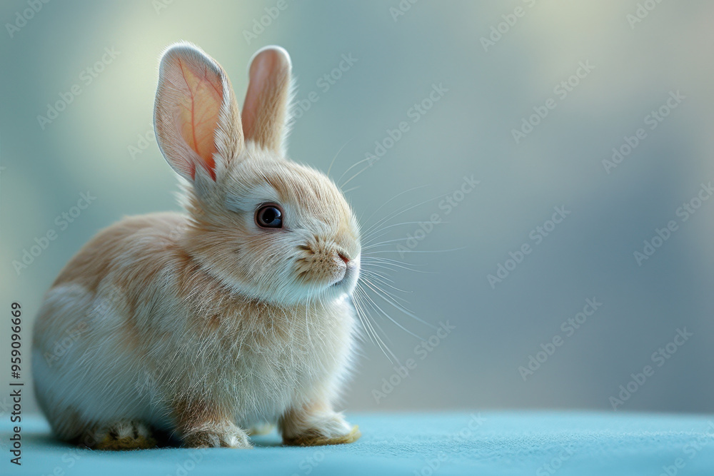 Obraz premium Easter baby rabbit sitting on a soft blue surface with blurred background. Studio animal portrait. Easter and springtime concept for design and print