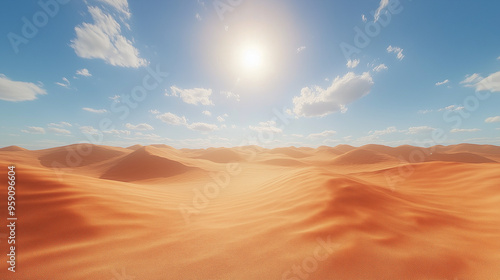 A vast, sandy desert with a bright sun and fluffy clouds