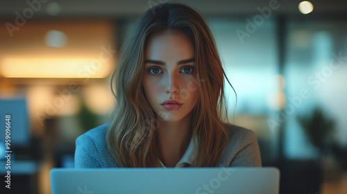 A woman with brown hair is looking at the camera, in front of a laptop.