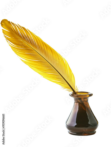 Golden quill pen resting on inkpot isolated on transparent background photo