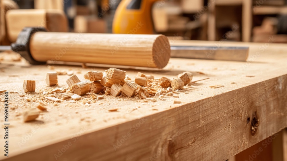 Wood shavings on a workbench, tools and sawdust, close-up. A carpenter's workspace. Wood shavings on a workbench, tools and sawdust, close-up. A carpenter's workspace.