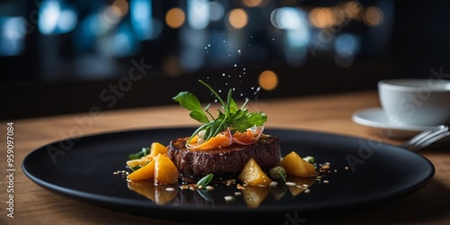 A gourmet meal floating above a sleek black plate. photo