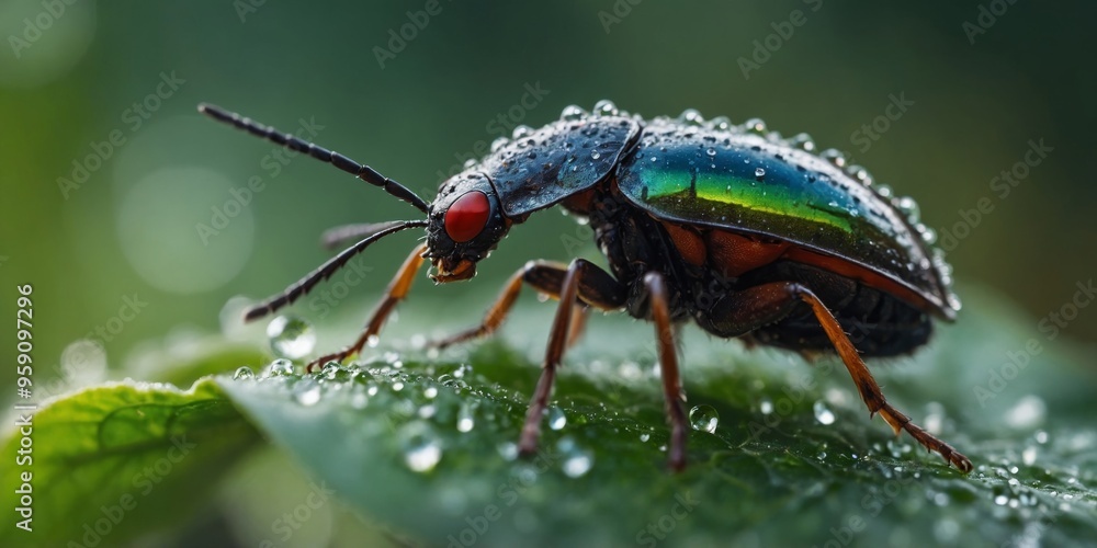 A bug is sitting on a leaf with dew on it. A bug is sitting on a leaf with dew on it.