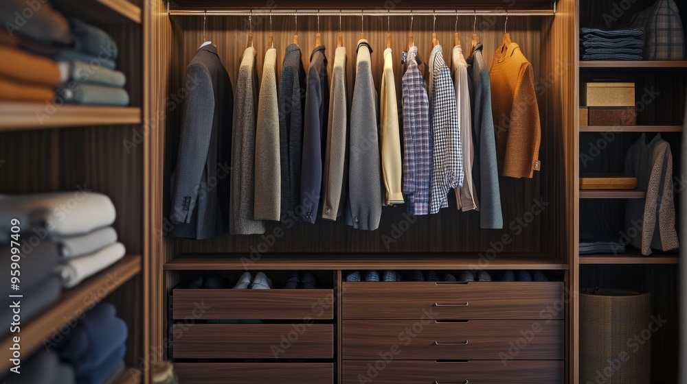 A close-up of a wardrobe with a stylish combination of hanging garments and drawer compartments, emphasizing clean lines and efficient organization A close-up of a wardrobe with a stylish combination of hanging garments and drawer compartments, emphasizing clean lines and efficient organization