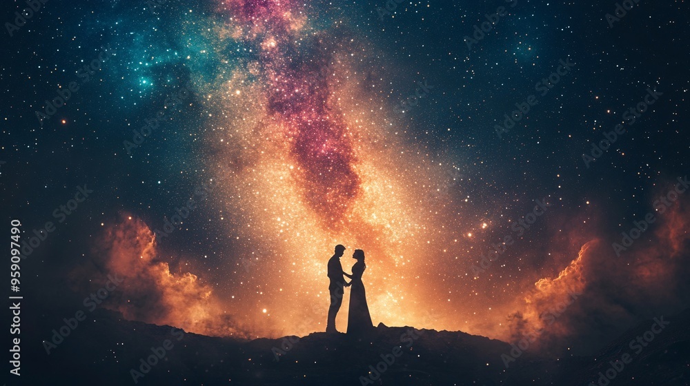 Fototapeta premium Cosmic Waltz - Whimsical Couple Dancing on the Edge of the Universe with Stars and Cosmic Dust Background