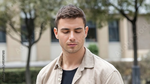 Portrait of a man with closed eyes in a casual clothing