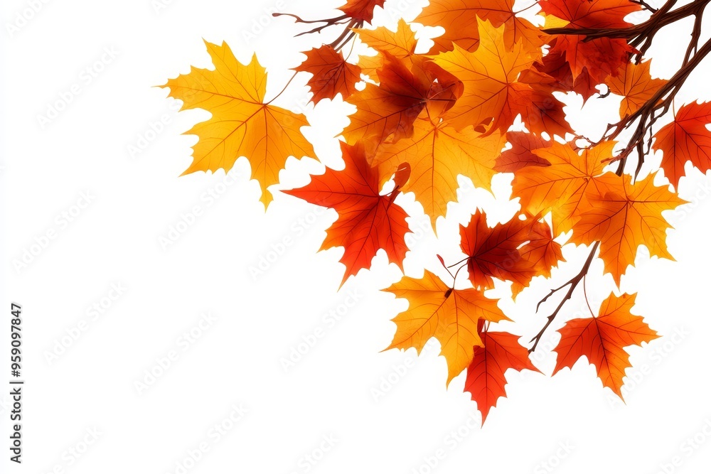 A cluster of bright orange and red maple leaves gracefully cascade from a branch, their delicate forms standing out against a pristine white background. The leaves symbolize the beauty of autumn, the A cluster of bright orange and red maple leaves gracefully cascade from a branch, their delicate forms standing out against a pristine white background. The leaves symbolize the beauty of autumn, the