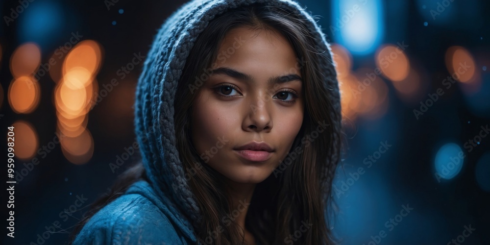 ethnic girl on a black background in blue light. ethnic girl on a black background in blue light.