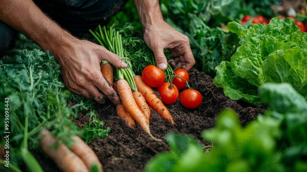 Fototapeta premium A close-up of hands harvesting fresh vegetables from the garden, including carrots, lettuce, and tomatoes, with soil and green leaves visible