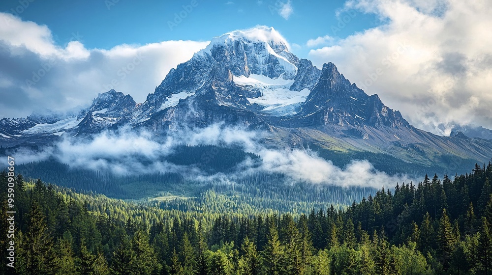 Serene Winter Wonderland - Snow-Capped Mountain Range Above lush Forest with Dramatic Clouds and Copy Space Serene Winter Wonderland - Snow-Capped Mountain Range Above lush Forest with Dramatic Clouds and Copy Space