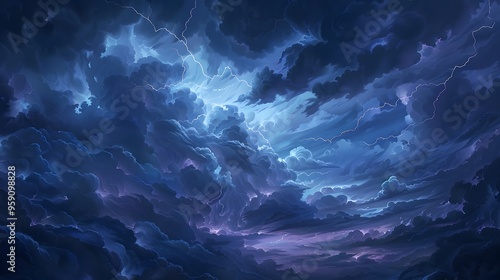 Dramatic Stormy Sky: A dramatic stormy sky with dark clouds and lightning bolts illuminating the scene. 