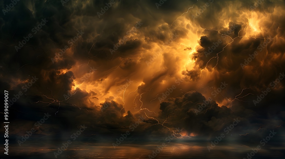 Dramatic Stormy Sky: A dramatic stormy sky with dark clouds and lightning bolts illuminating the scene.
Dramatic Stormy Sky: A dramatic stormy sky with dark clouds and lightning bolts illuminating the scene.