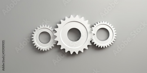 Three white gears on a Silver background, laid flat, copy space concept for business technology and development in the abstract vector with copy space 