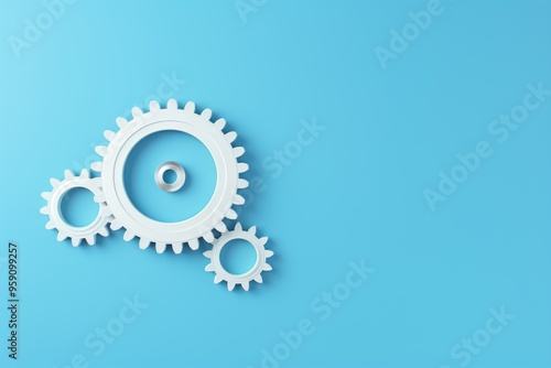 Three white gears on a Sky Blue background, laid flat, copy space concept for business technology and development in the abstract vector with copy space 