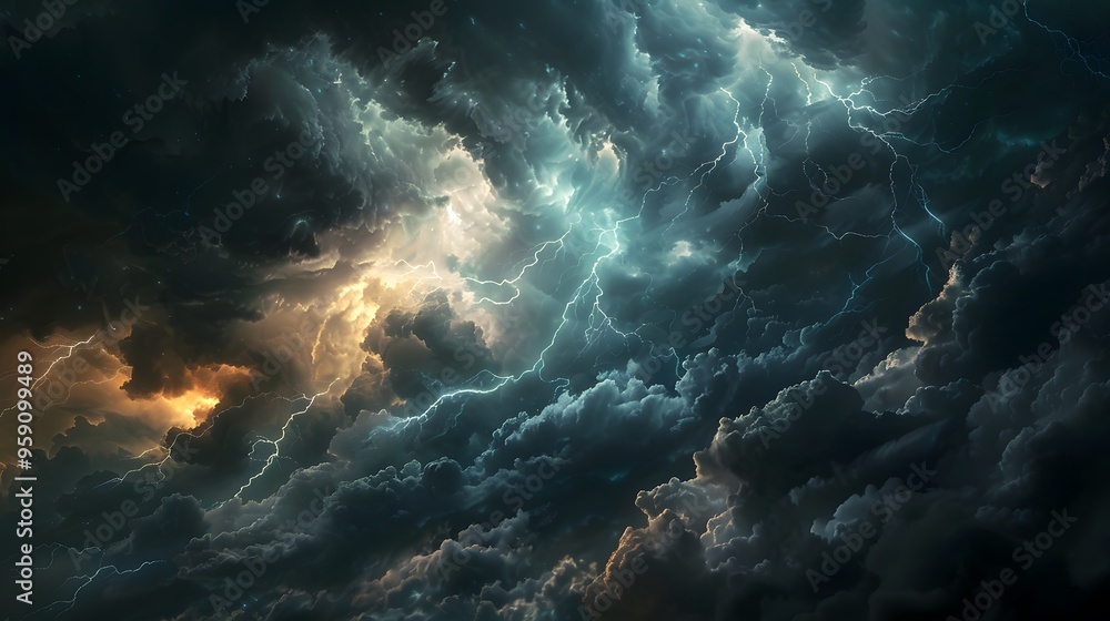Dramatic Stormy Sky: A dramatic stormy sky with dark clouds and lightning bolts illuminating the scene.
Dramatic Stormy Sky: A dramatic stormy sky with dark clouds and lightning bolts illuminating the scene.