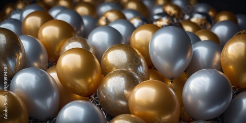 A bunch of balloons with one balloon being gold and the others silver.