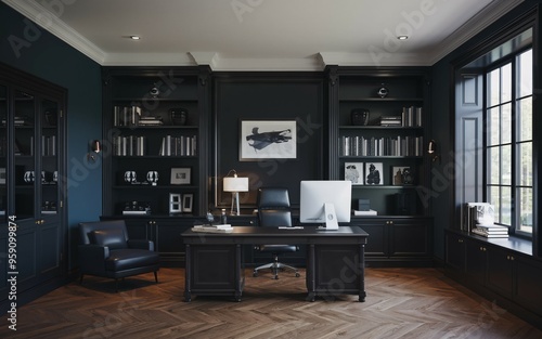 Dark Academia Home Office: A stately, sophisticated space for work and reflection, featuring rich dark wood and a classic design.  photo