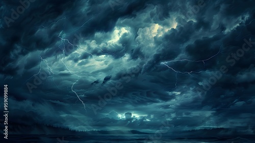 Dramatic Stormy Sky: A dramatic stormy sky with dark clouds and lightning bolts illuminating the scene. 