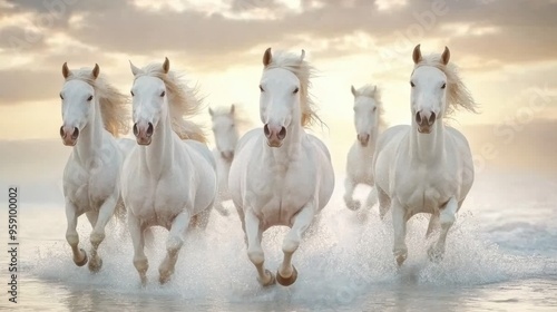 A group of white horses running through the water, AI