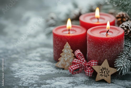 Christmas Candles with Pine Branch and Wooden Ornaments
