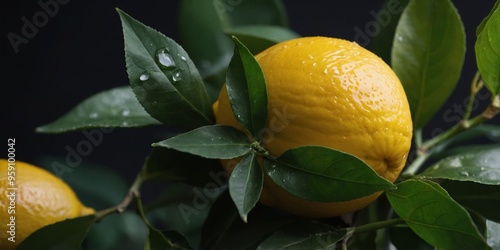 A close up of a lemon with a green leaf on top. photo