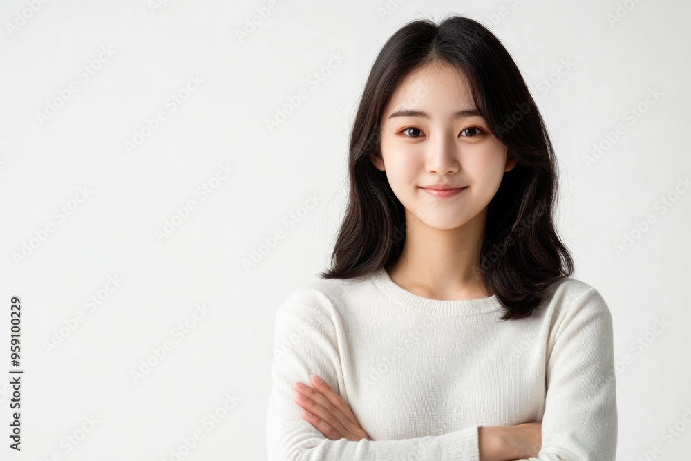 Millennials White Background. Close Up Portrait of Korean Girl with Confident Smile Standing Over White Background Millennials White Background. Close Up Portrait of Korean Girl with Confident Smile Standing Over White Background