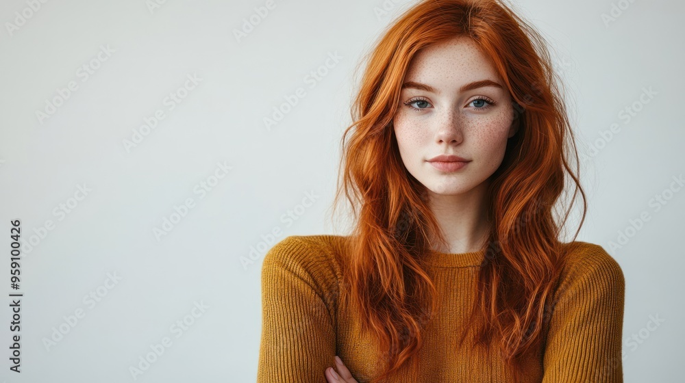 Redhead Woman in a Yellow Sweater Looking at the Camera Redhead Woman in a Yellow Sweater Looking at the Camera