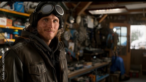 A man in a leather jacket and goggles smiles at the camera. AI.