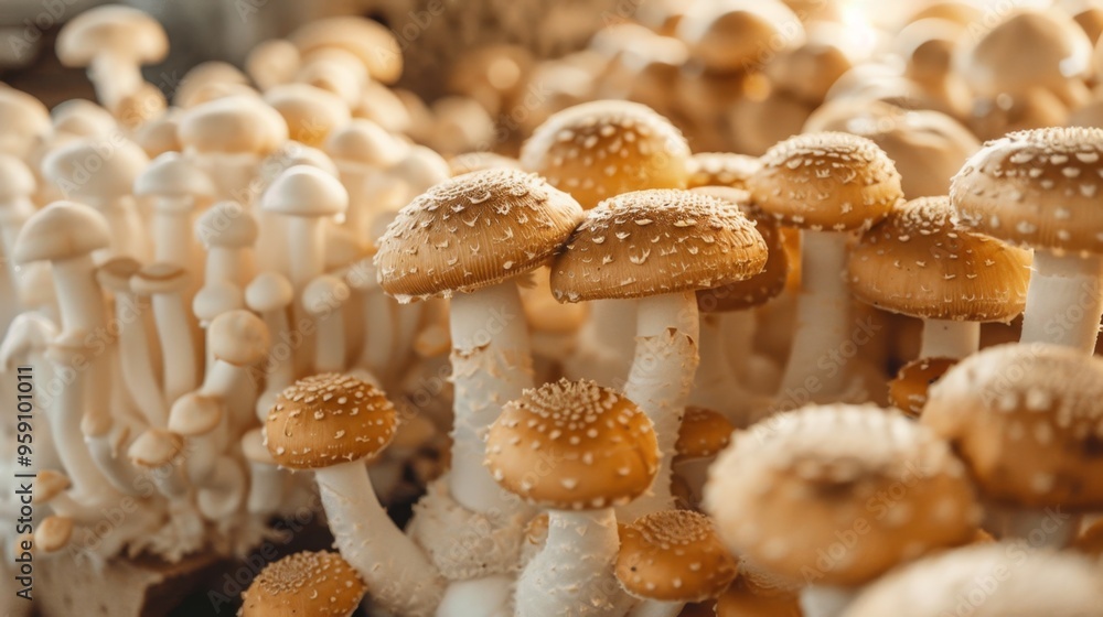 fully grown mushrooms in the kit, vibrant and healthy, kitchen background fully grown mushrooms in the kit, vibrant and healthy, kitchen background