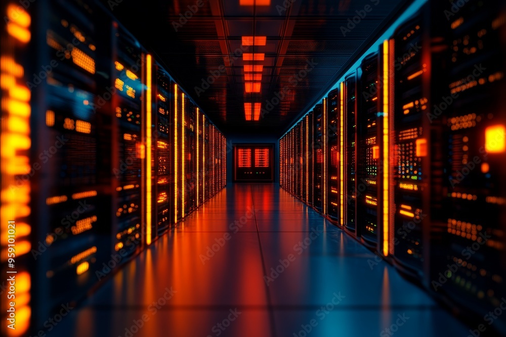 A futuristic server room with rows of glowing servers and data screens, representing the power and complexity of modern technology and data storage. A futuristic server room with rows of glowing servers and data screens, representing the power and complexity of modern technology and data storage.