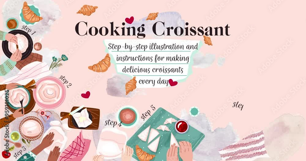 Croissant Cooking process. Moving banner with hands of confectioners kneading dough and baking pastries. Step by step instructions for preparing delicious croissants. Cartoon flat animated graphics Croissant Cooking process. Moving banner with hands of confectioners kneading dough and baking pastries. Step by step instructions for preparing delicious croissants. Cartoon flat animated graphics