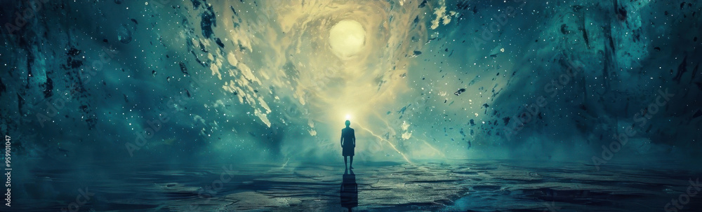 Fototapeta premium A solitary figure stands before a swirling cosmic portal, bathed in ethereal light