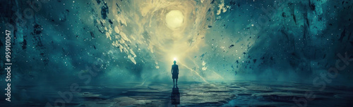 A solitary figure stands before a swirling cosmic portal, bathed in ethereal light photo