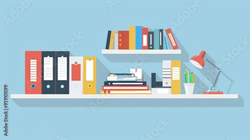 Organized office workspace with books, folders, and a lamp on shelves against a light blue background. Ideal for productivity and study themes.