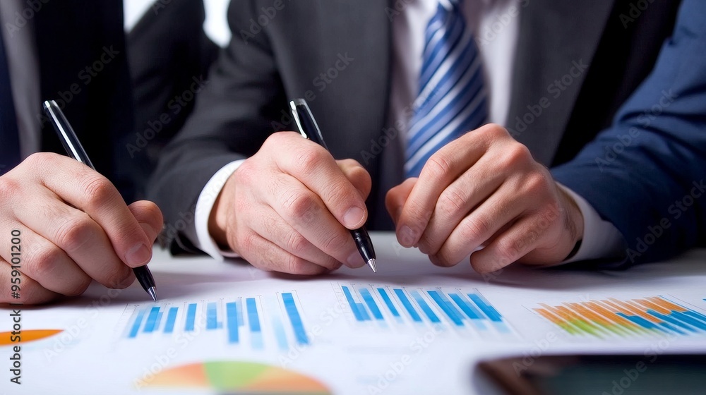 A group of business partners are gathered around a table, analyzing financial charts and discussing business strategy. They are focused and engaged in their conversation, highlighting the importance o A group of business partners are gathered around a table, analyzing financial charts and discussing business strategy. They are focused and engaged in their conversation, highlighting the importance o