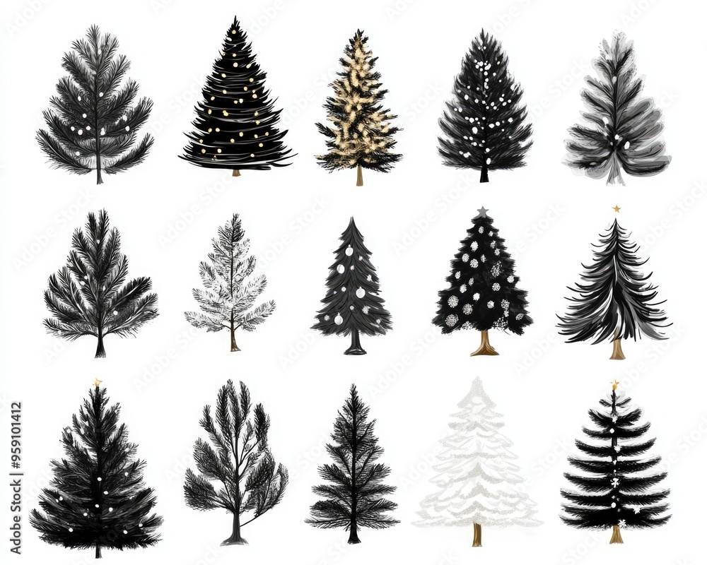 Obraz premium Christmas Trees Clipart. Collection of Classic Black Christmas Tree Decorations