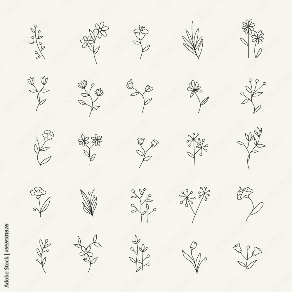 Minimalist flower and flower branches for logos or tattoos. Hand drawn design, elegant leaf for invitation save date card. Botanical rustic trendy greenery Minimalist flower and flower branches for logos or tattoos. Hand drawn design, elegant leaf for invitation save date card. Botanical rustic trendy greenery