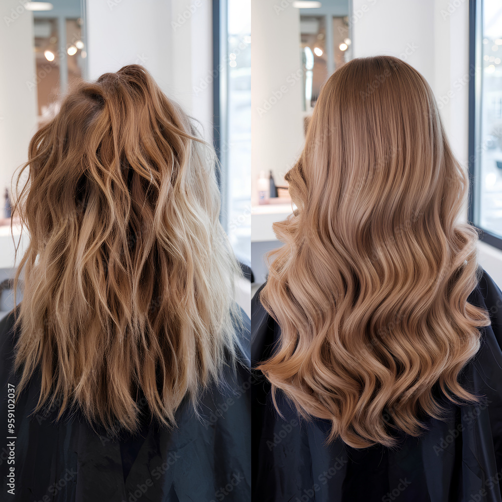 Before and after comparison of keratin hair treatment and hairstyling Before and after comparison of keratin hair treatment and hairstyling