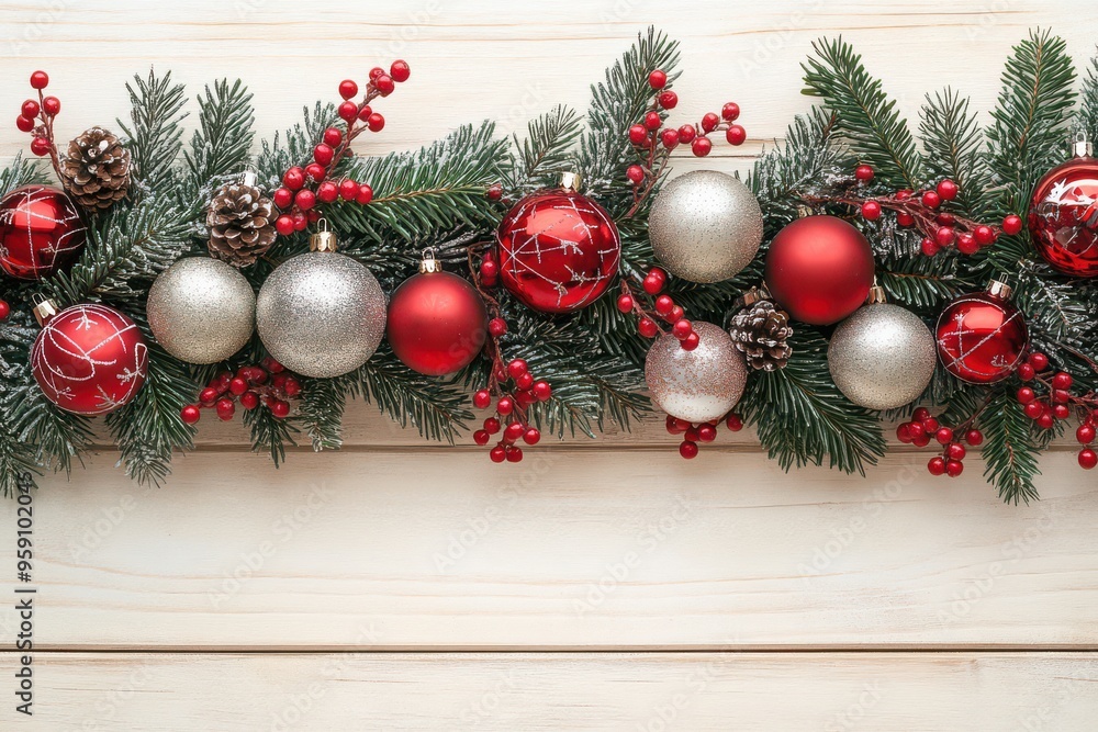 Festive Garland with Christmas Ornaments on Wooden Background Festive Garland with Christmas Ornaments on Wooden Background