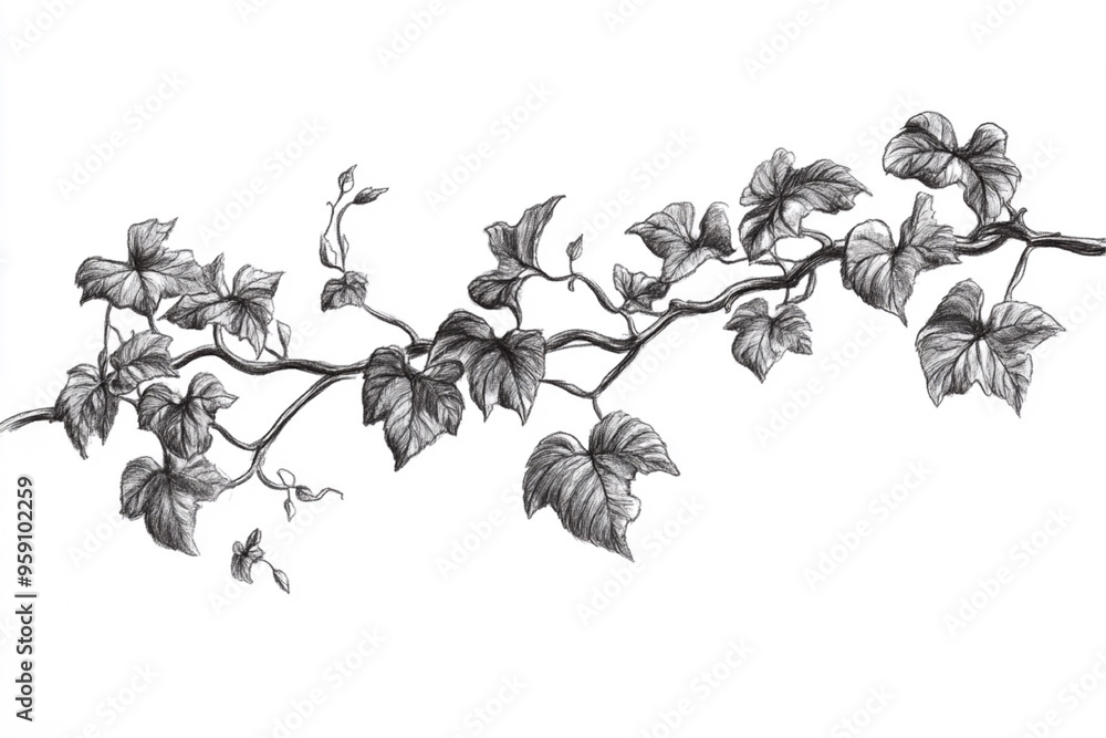 Naklejka premium Realistic sketch of a vine with intertwining leaves and delicate tendrils. The drawing captures the vine’s intricate details and natural elegance, showcasing its fluid growth and graceful form.