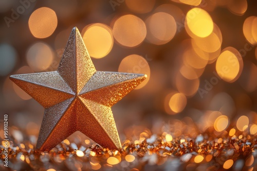 Bronze Star Ornament with Golden Bokeh Background
