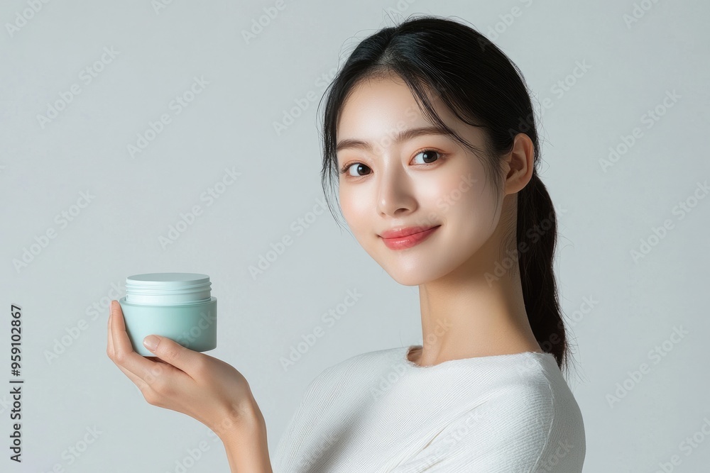 Korean Skincare Products. Woman Smiling, Holding Cream Jar Mockup on Grey Background Korean Skincare Products. Woman Smiling, Holding Cream Jar Mockup on Grey Background
