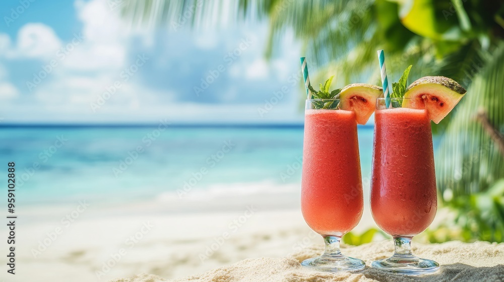 A few smoothie glasses and fruit cocktails on a paradisiacal beach with a tropical backdrop A few smoothie glasses and fruit cocktails on a paradisiacal beach with a tropical backdrop