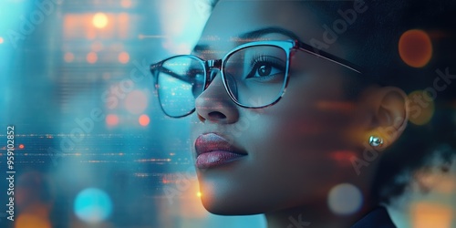 Businesswoman in Glasses Navigating Digital World Over Cityscape