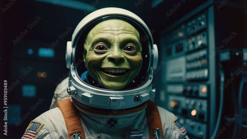 An alien astronaut explores a futuristic spacecraft in deep space, showcasing a blend of advanced technology and extraterrestrial life An alien astronaut explores a futuristic spacecraft in deep space, showcasing a blend of advanced technology and extraterrestrial life