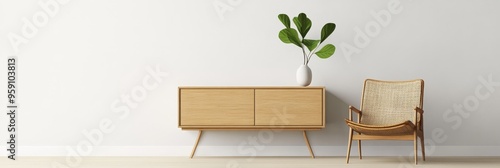 A minimalist living room nook featuring a wooden cabinet with two doors, a comfortable armchair with a woven back, and a simple vase with greenery against a white wall. The space exudes a sense of tra photo