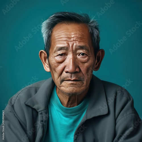 Turquoise background sad Asian man. Portrait of older mid-aged person beautiful bad mood expression boy Isolated on Background depression anxiety fear burn out health issue 