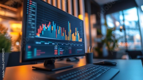 A detailed business graph displayed on a computer screen, showing upward trends and colorful data visualizations in a modern office setting.