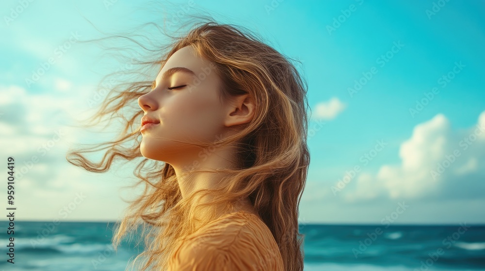 Elegant Young Woman Against Ocean Backdrop Elegant Young Woman Against Ocean Backdrop